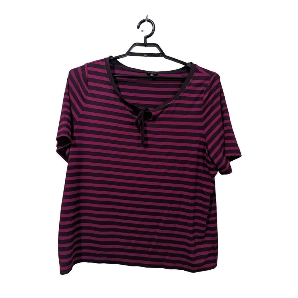 Talbots Plus 2X Womens Striped‎ Short Sleeve Keyhole Tie Top Plum Burgundy